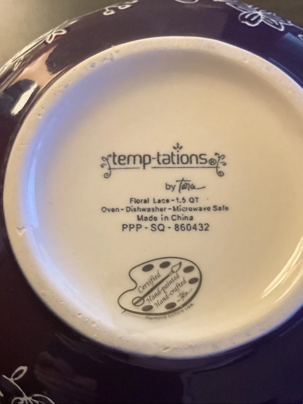 Temp-Tations Purple and Cream Floral Lace Ceramic Bowl